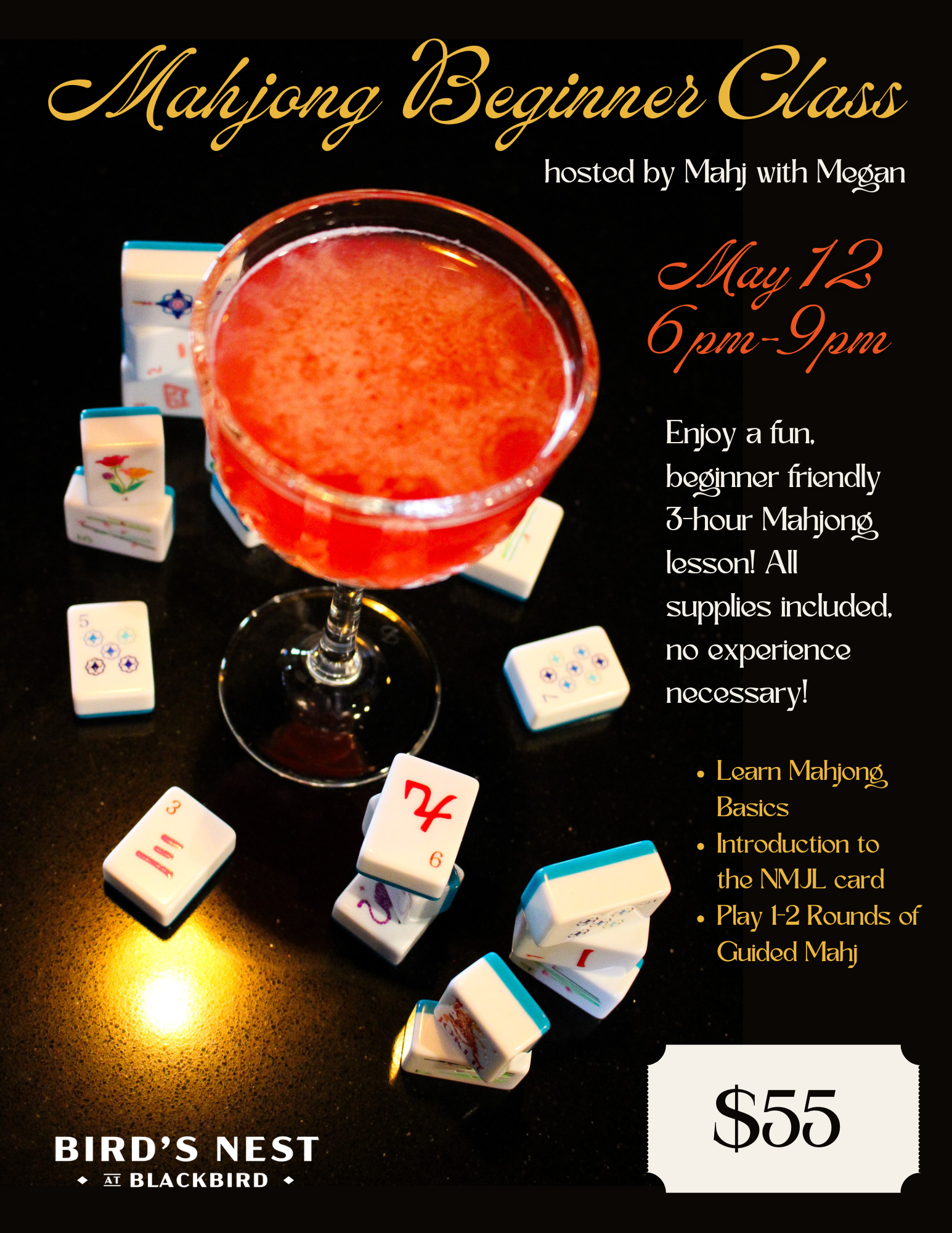 Promotional flyer for a Mahjong Beginner Class with decorative gold text and Mahjong tiles around a red cocktail glass on a dark background, noting date and venue.
